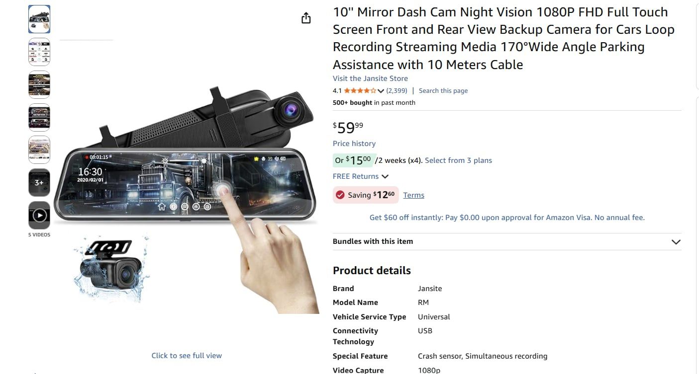 10” Mirro Dash Cam Night Vision - 1080FHD Full Touch Screen Front And Rear View
