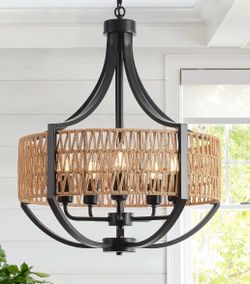 Black Metal and Rattan Drum Chandelier