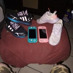 2 Nintendo switch lites and 2 pairs Adidas sneakers