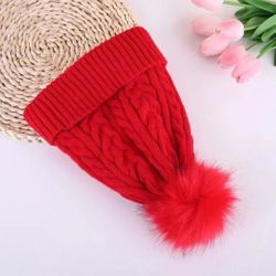 Red Thicken Windproof Fleece Winter Beanies Warm Knitted Beanie Faux Fur Pompoms