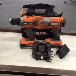 Ridgid 18v Tool Kit Drill & Impact Driver 2 Batteries 2.0 Ah, Charger & Case