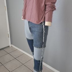 Patched Jeans/ PINK long Sleeve Crop Shirt