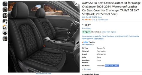 *NEW* AOMSAZTO *2 Front* Seat Covers Custom Fit for Dodge Challenger 2008-2024 PU Leather Black