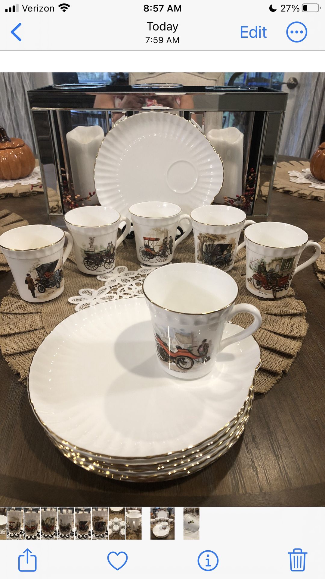 12 PC Crown Staffordshire Antique Car Snack Plate & Mug Sets