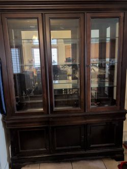 Dark Wood China Cabinet with Glass Doors With lights