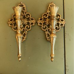 Vintage Ornate Gold-Tone Cast Metal Candle Holders