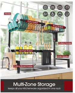 Sakugi Over The Sink Dish Drying Rack - Adjustable 2 Tier Large Capacity Stainless Steel Drainer with Cutlery & Utensil Holders, Kitchen Storage & Org