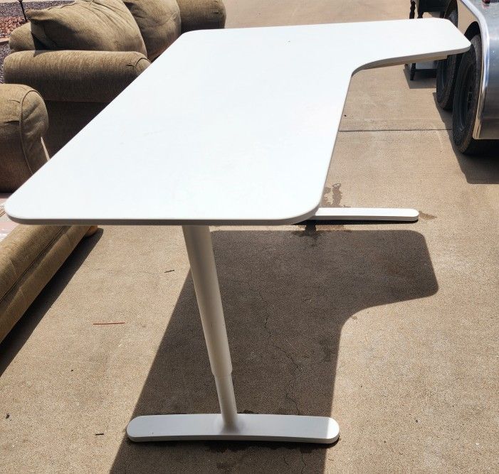 Large L Shaped Workstation / Desk - Adjustable Height - White Melamine