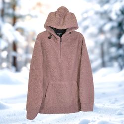 Free Planet Brownish Pink Mauve Pullover Bungee Cord Sherpa Hoodie Women Large