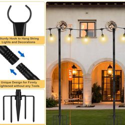 , 4 Pack Metal Stands with Hooks & 5-Prong Base for Garden, Patio, Fence, Deck, Backyard, Wedding, Black, Built for Tough Environments