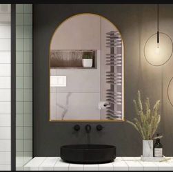 Moving sale!! Only $60 New 24 in. W x 36 in. H Arched Metal Medicine Cabinet with Mirror in Gold