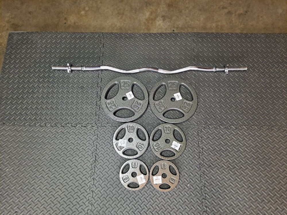 CAP STANDARD CURL BAR & 80lbs ATHLETIC WORKS STANDARD GRIP PLATES $120 FIRM- READ DESCRIPTION for DETAILS &DIMENSIONS (Tap "SEE MORE")