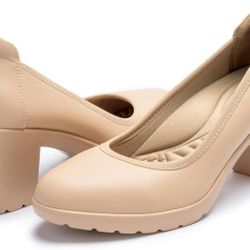 Women's Pumps with Arch Support, Chunky Closed Round Toe Block Heels for Women, Comfortable Low Heel Work Dress Shoes