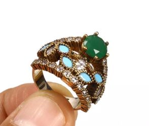 925 Sterling Silver, HANDMADE Turkish Emerald Topaz Turquoise, Ring Size 7.5