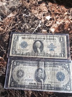 $5 1914 large silver certificate & 1923 $1 large silver certificate