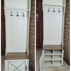 Barn Door Hall Tree with Bench and Shoe Storage / Coat Rack with Shoe Bench