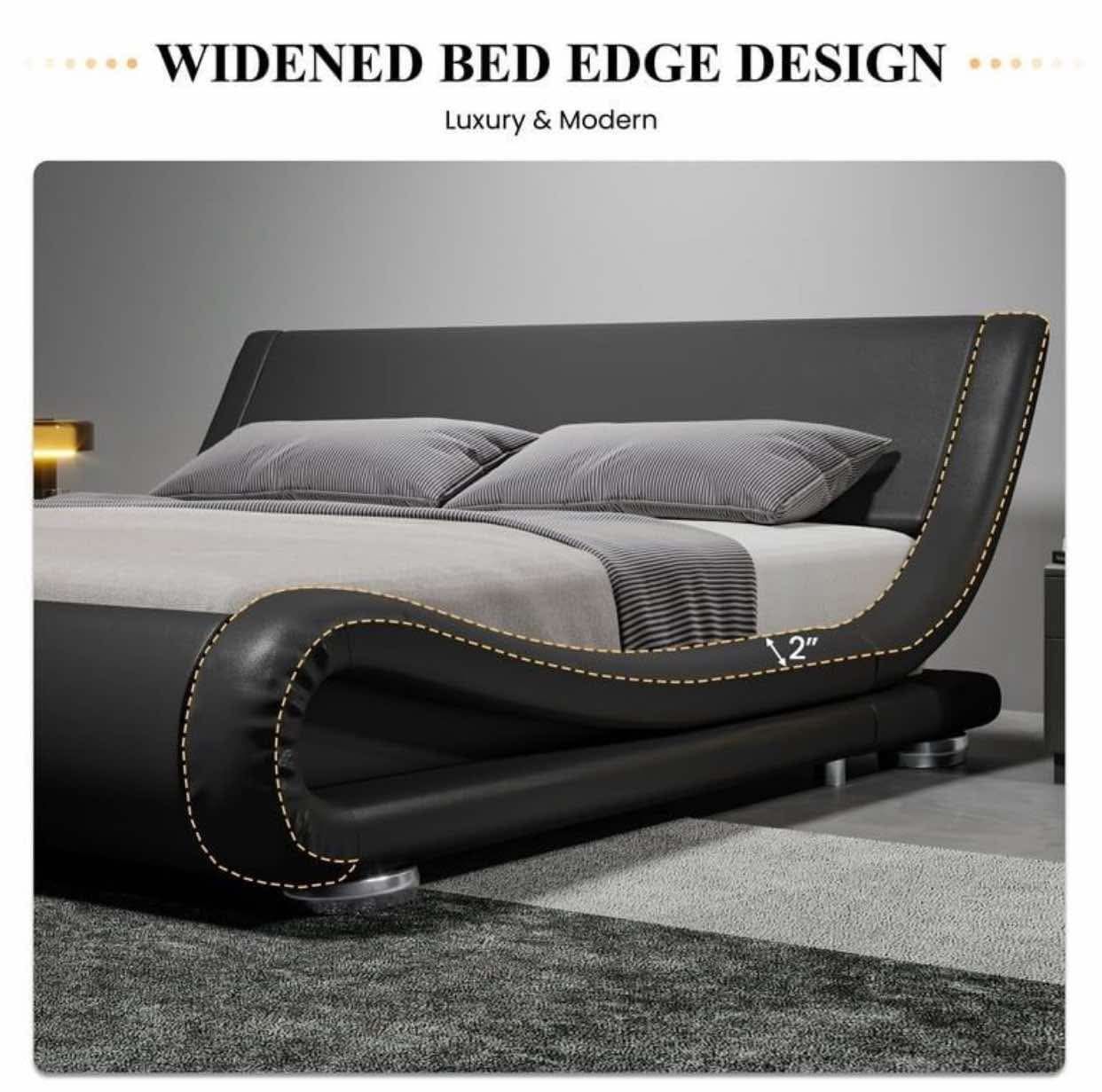 Queen Low Profile Sleigh Bed Frame – Faux Leather Platform With Headboard