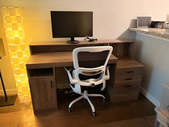 Desk, Chair, and Computer Monitor