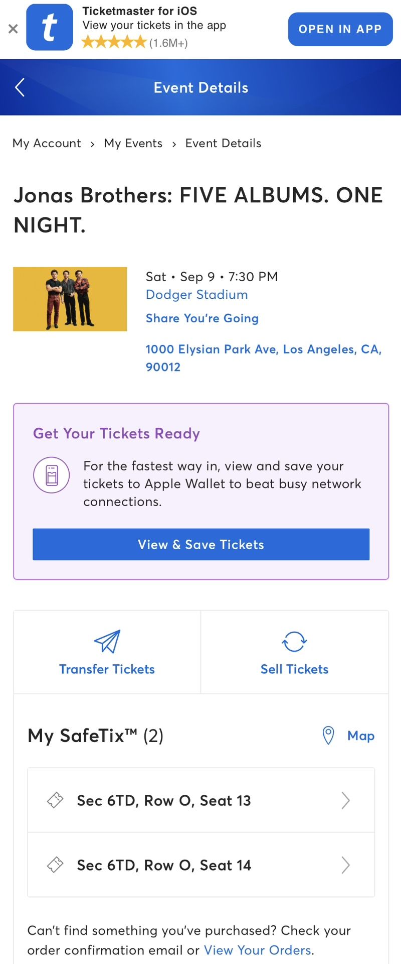 Jonas Brothers Tickets September 9, 2023 Dodger Stadium Section 6TD Row O Seat 13-14 (Transferable On Ticketmaster)