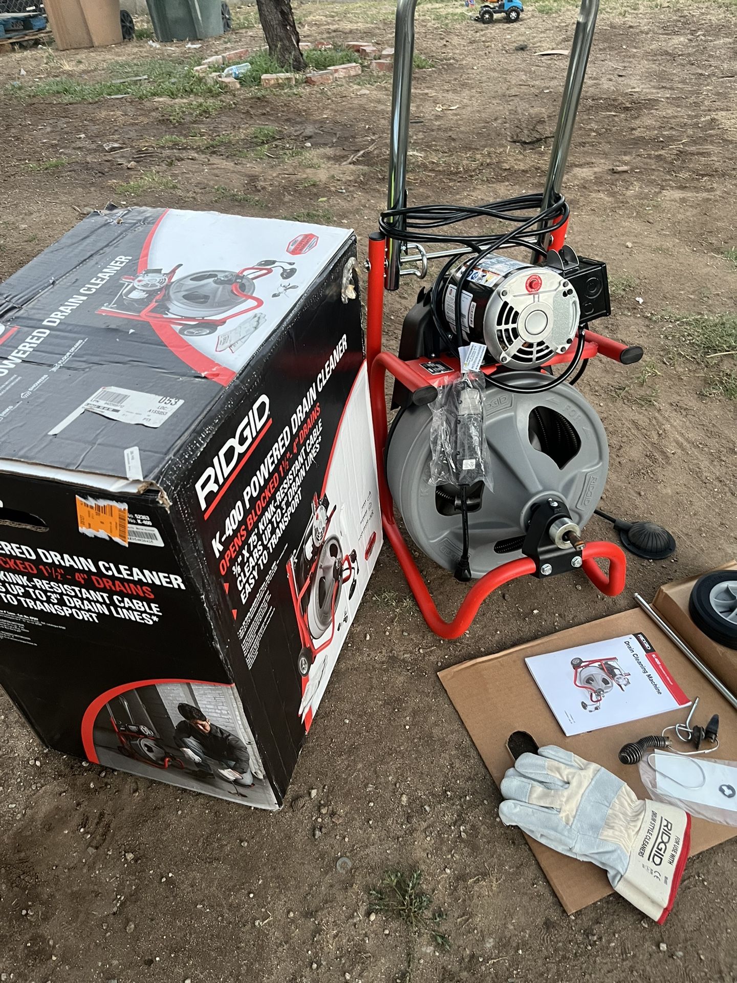 RIDGID K-400 Drain Cleaning Snake Auger 120-Volt Drum Machine with C-32 W 3/8 in. x 75 ft. Cable + 4-Piece Tool Set & Gl