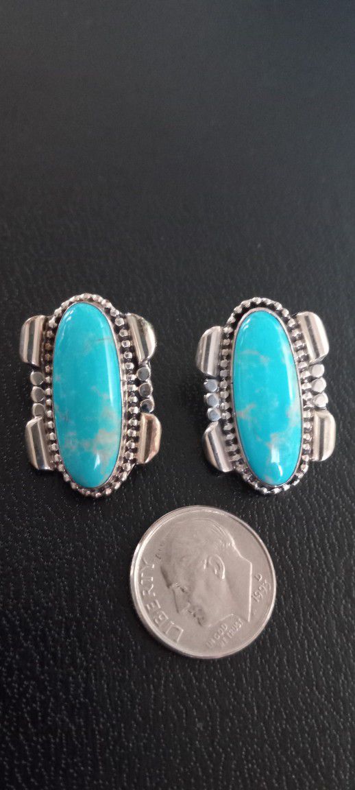 Nice Southwestern Tribal Turquoise Sterling Silver Pierced Earrings Signed Running Bear Perfect Condition