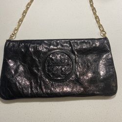 Tory Burch Black Crackled Leather Reva Bag 