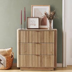 Brooklyn 3 Drawer Dresser for Bedroom, Mid Century Modern Chest of Drawers, Wood Tall Nightstand, Waveform Fluted Side Table, Enhanced Safety, ASTM F2