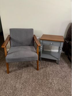 Accent Chair & End Table Set  Gray Upholstered Chair with Wood Side Table