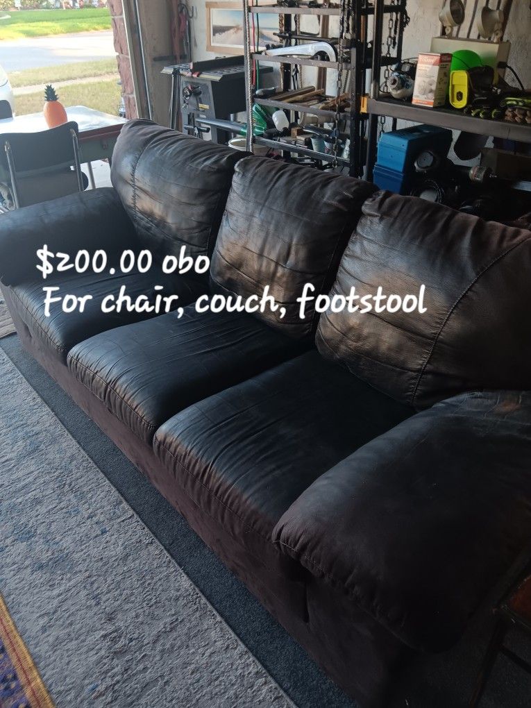Suede Set Couch, Chair, Footstool