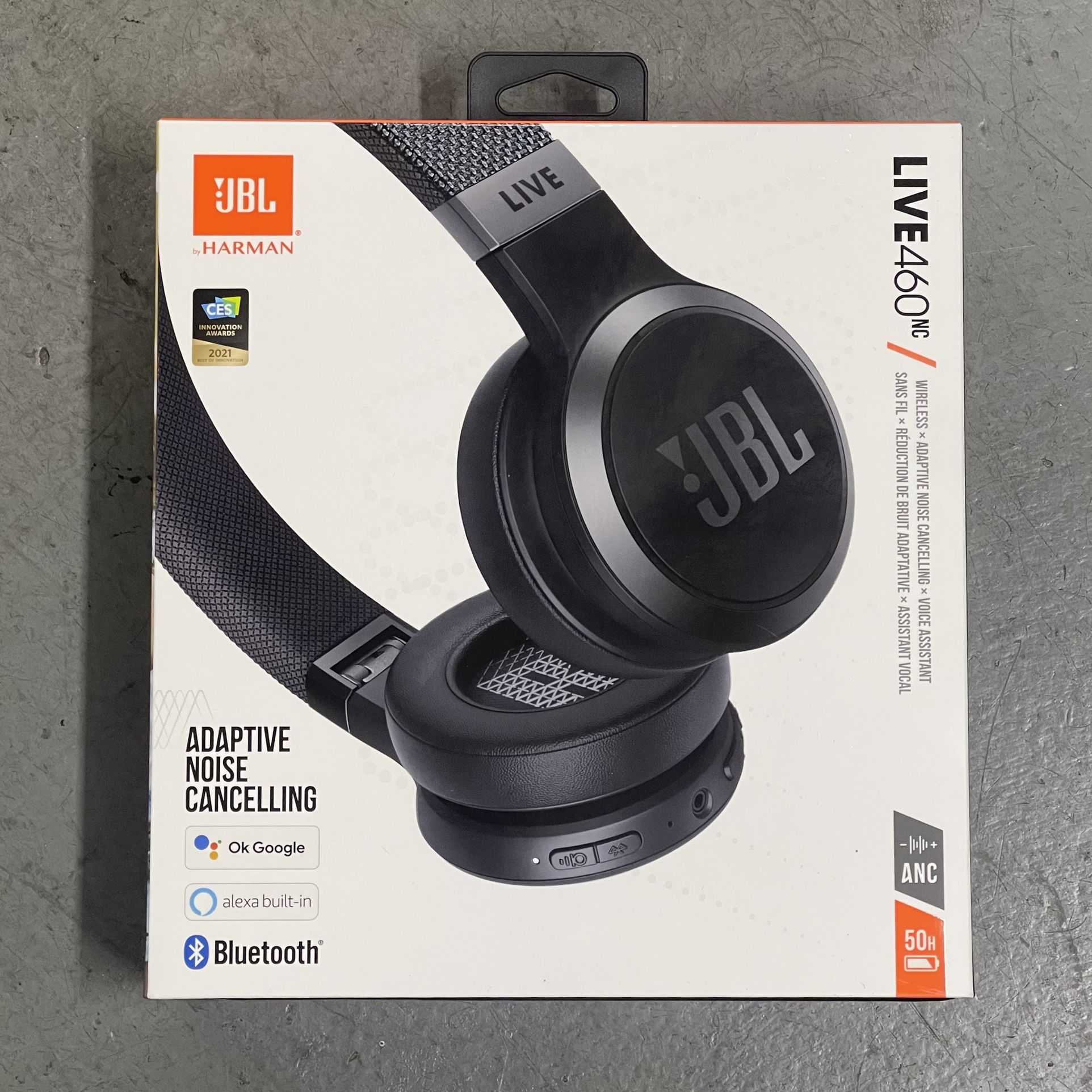 JBL Live 460 NC. Bluetooth Over Ear Headphones. Noise Cancelling. Voice Assistant. Stereo calls. Up to 50 hours of battery. 