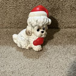 Porcelain Christmas White Puppy Dog Santa Hat Vintage Japan
