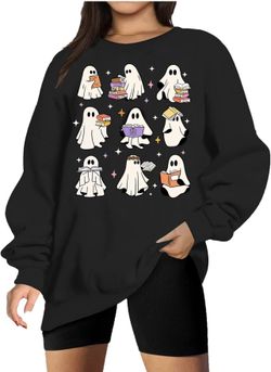 Ghost Reading Books Sweatshirts Women Spooky Season Sweater Cute Bookish Shirt Fall Pullover Tops（small）