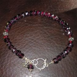Vintage Faceted Garnets 925ss Beads And Hearts Toggle 7.5" Bracelet 
