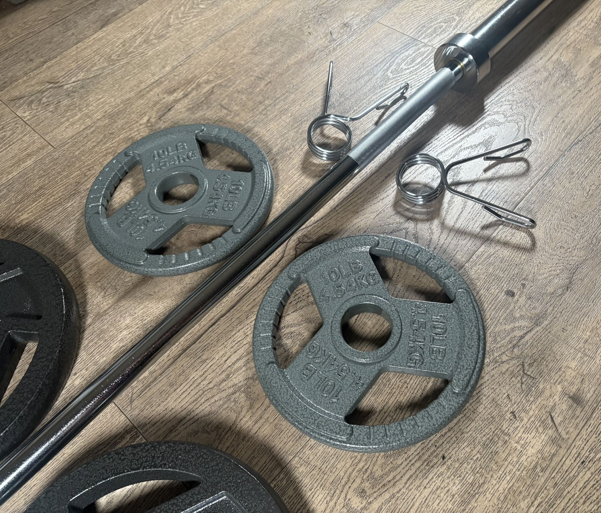 CUZ NEED THE $$ NEW Olympic Equipment: 6 ft Silver Bar & Weight Plates 35s, 25s, and 10s lbs. Total: 180 lbs [ NO, No Better Price]