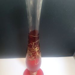 Beautiful Red Art Glass Bud Vase With Gold Design
