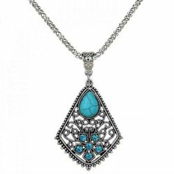 Tribal Tibetan Silver Crystal Turquoise Rhombic Waterdrop Pendant Necklace