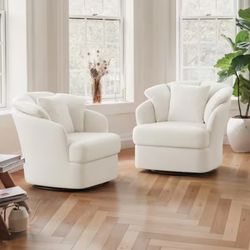 (Set of 2) Oversized Beige Upholstered Fabric Swivel Accent Chair with Double Cushion Swivel Arm Chair
