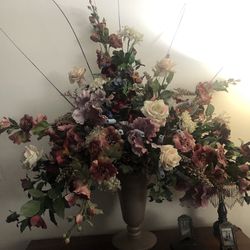 Floral Arrangement, Very Large 42” Tall X 34 W, In Mauve color Vase. Beautiful Color Flowers; Pinks, Burgundy, Beige , Blues and Greenery 