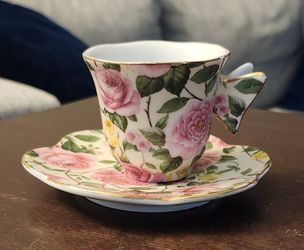 A Special Place Pink & Yellow Roses Demitasse Cup and Saucer Espresso Butterfly Handle Chintz 2003