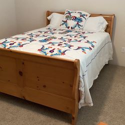 Solid Pine Queen Sleigh Bed Frame with Carved Wood Details