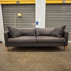 Mid-Century Modern Minimalist Aged Rustic Faded Black Denim Fabric Sofa Couch