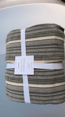 Crate & Barrel Padina Stripe King Blanket Organic Cotton Gray/Ivory 109x90