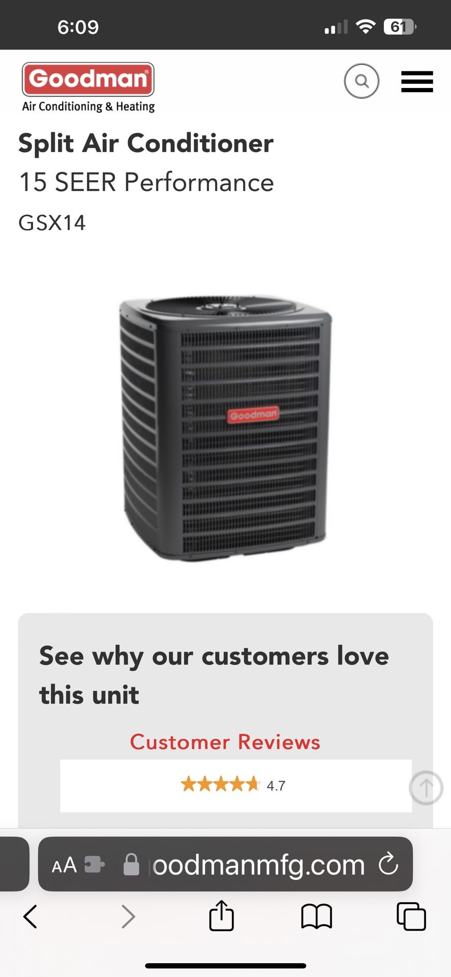 Goodman GSX140241LE Condensor 1.5 Ton Air Conditioner