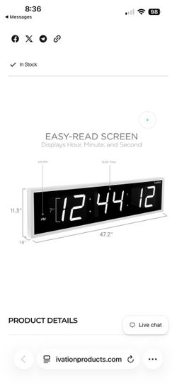 Ivation Large Digital Clock, 48" Led Wall Clock With Stopwatch, Alarms, Timer, Temp & Remote, White