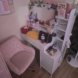: 💄 White Vanity Desk + Pink Velvet Chair Set 