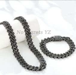 2-Pcs Fully Iced Rhodium Plated Black Cubic Zirconia Cuban Chain Necklace & Bracelet Set