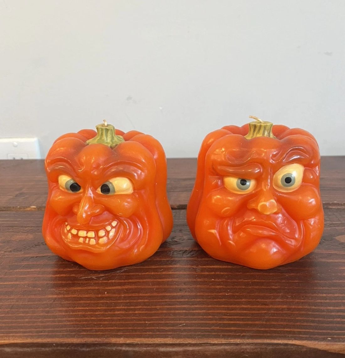 Pumpkin Candle Anthropomorphic Jack-O-Lantern Halloween Face Wax Pair Set 2 New