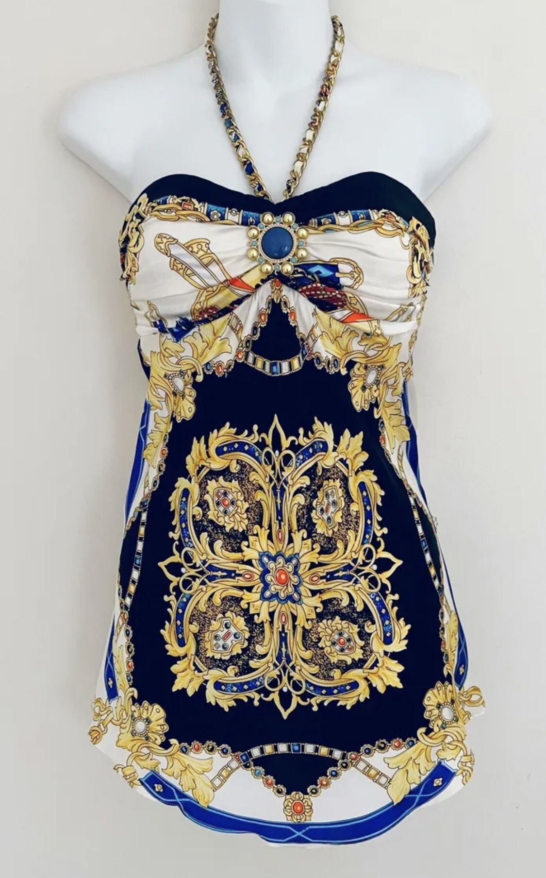 Vintage 90s Y2K CACHE Women Silk Top Baroque Chain Halter Strap Medallion Size Xs-S