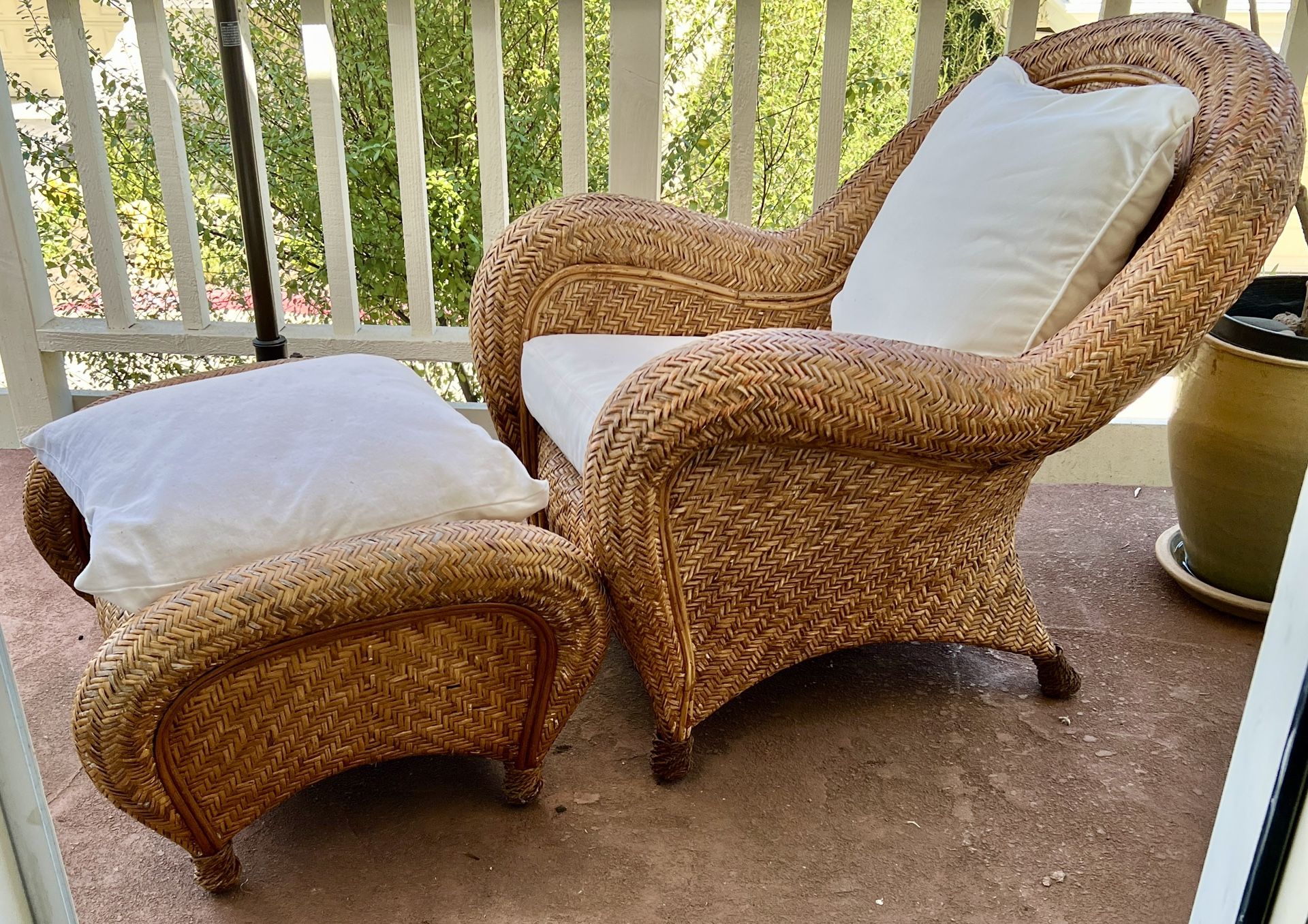 Pottery Barn “Malabar” Collection 2-Woven Rattan Chair & 1 Ottoman
