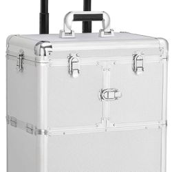 Professional Makeup Train Case Travel Makeup Trolley Rolling Cosmetic Case Beauty Train Case Beauty Organizer, Silver 592562